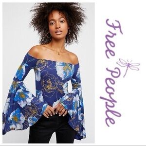 FREE PEOPLE Birds of Paradise Top‎ Off Shoulder Exaggerated Bell Sleeve Blue